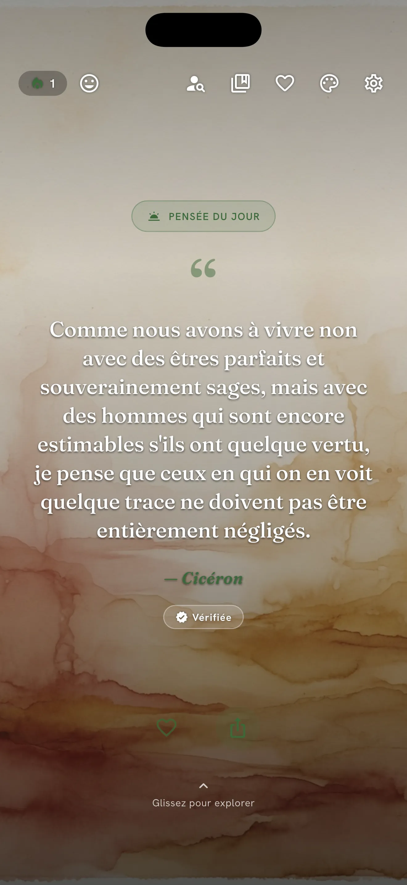 Écran de la citation du jour dans l'application Pensées Positives